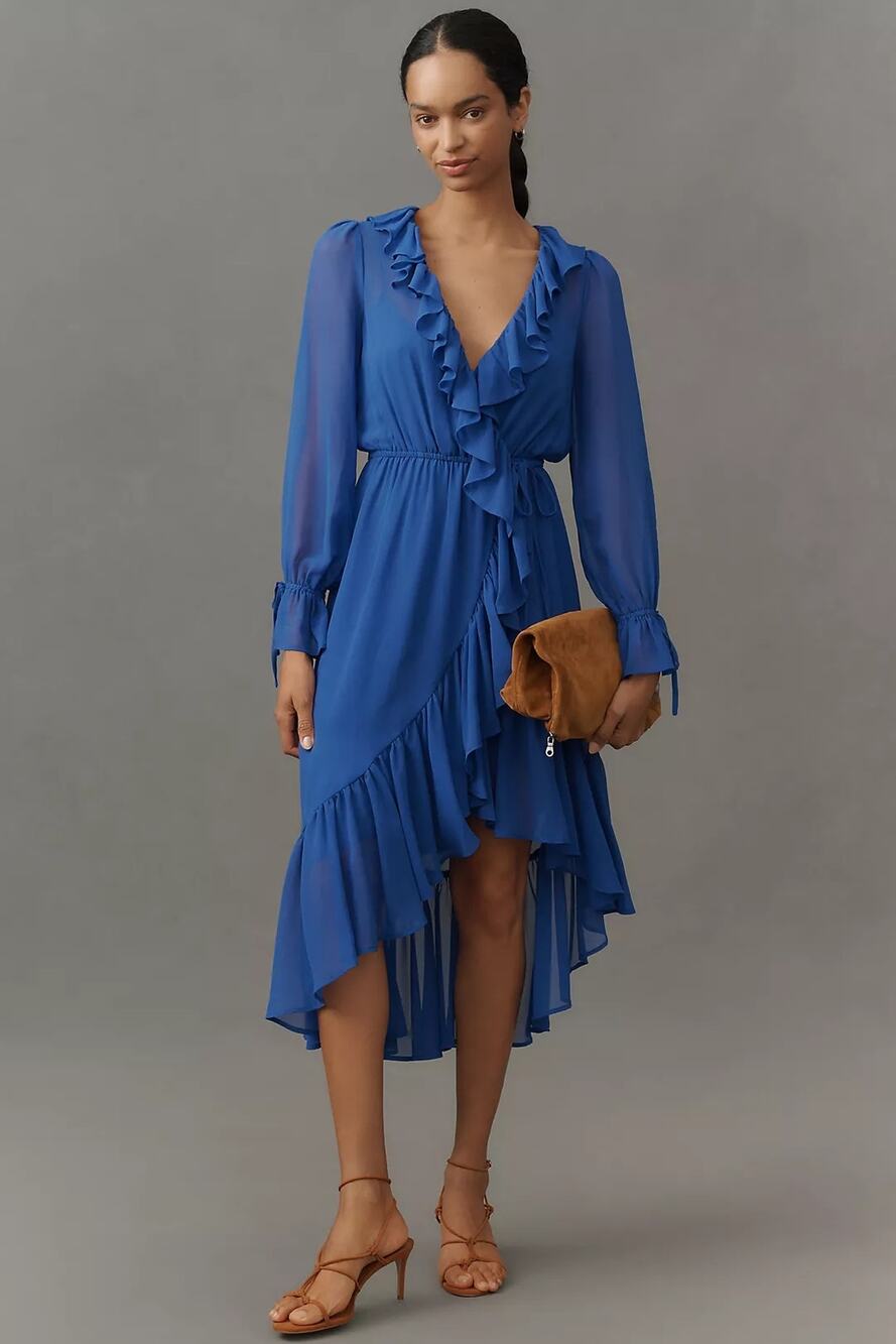 New Anthropologie Long-Sleeve Ruffled Asymmetric Midi Dress $168 SMALL Blue